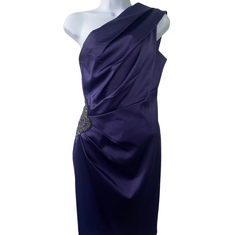 Eliza J Women's Purple Satin Sequin On Shoulder Sleeveless Sheath Dress Sz 12
